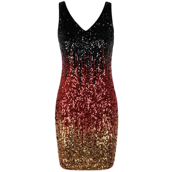 Sleeveless Womens Sequin Dress V Neck Bodycon Mini large Black & Red & Gold - Picture 3 of 7
